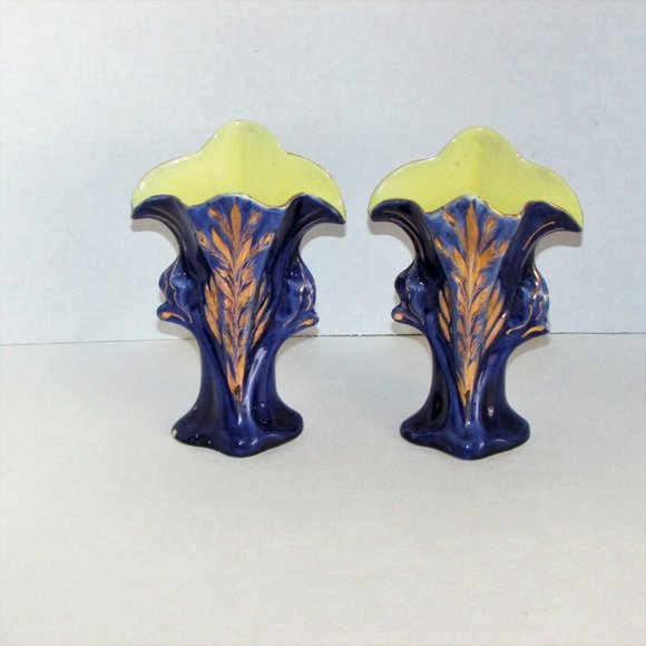 2 Antique Vases JACK-IN-THE PULPIT Ceramic Hand Painted Cobalt Blue Gold Vintage - Picture 2 of 10